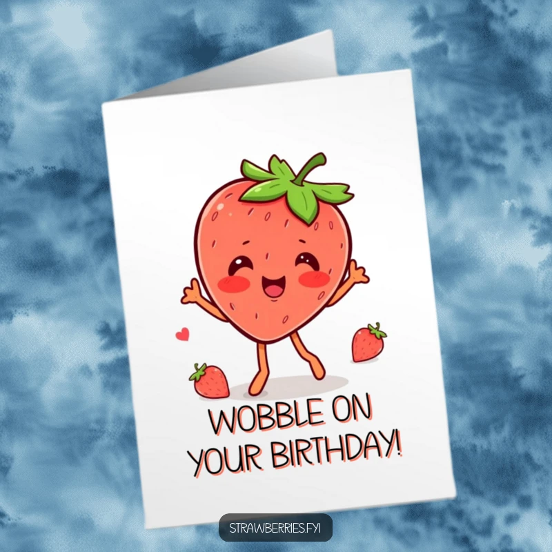 Funny Free Printable Birthday Card: A kawaii strawberry character doing a joyful and energetic wobble dance, spreading happiness.