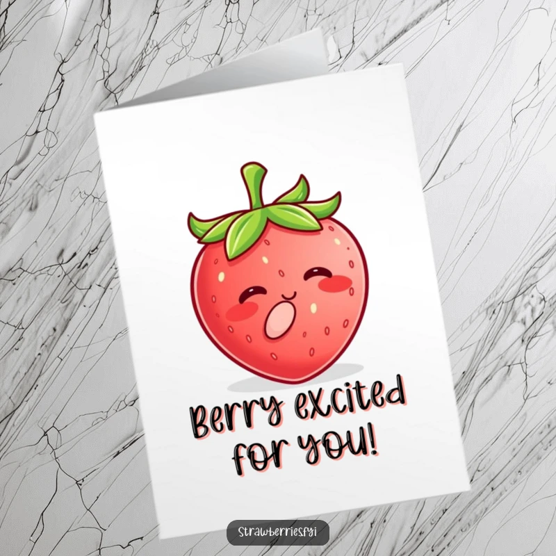 Funny free printable congratulations card showing a sweet Kawaii strawberry character delivering a tiny kiss. Ideal for a DIY celebration.