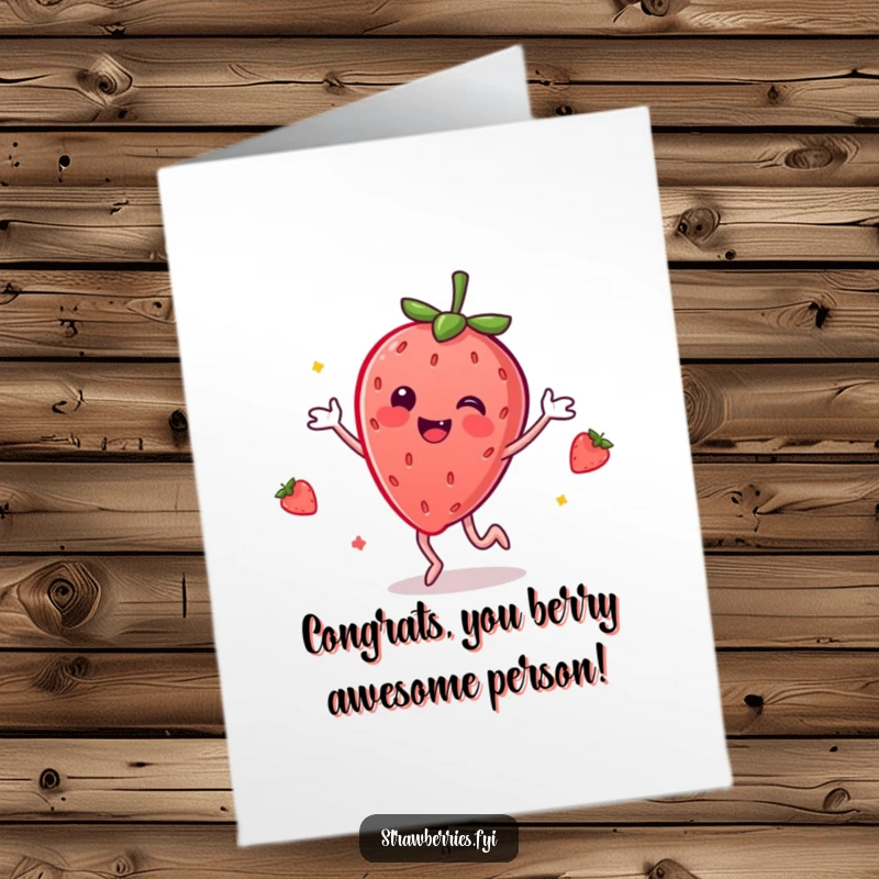 Funny Free Printable Congratulations Card with a happy anthropomorphic strawberry dancing joyfully, perfect for any celebration.