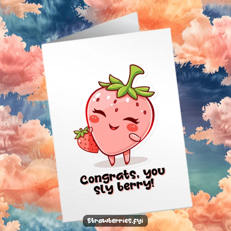 Funny Free Printable Congratulations Card featuring a mischievous anthropomorphic strawberry winking, perfect for celebrating with a sly grin.