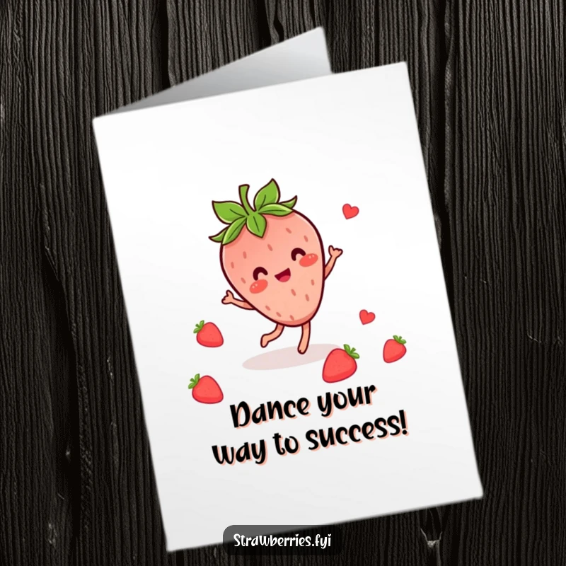 Funny Free Printable Congratulations Card featuring a jubilant Kawaii strawberry character performing a lively dance with leaves.