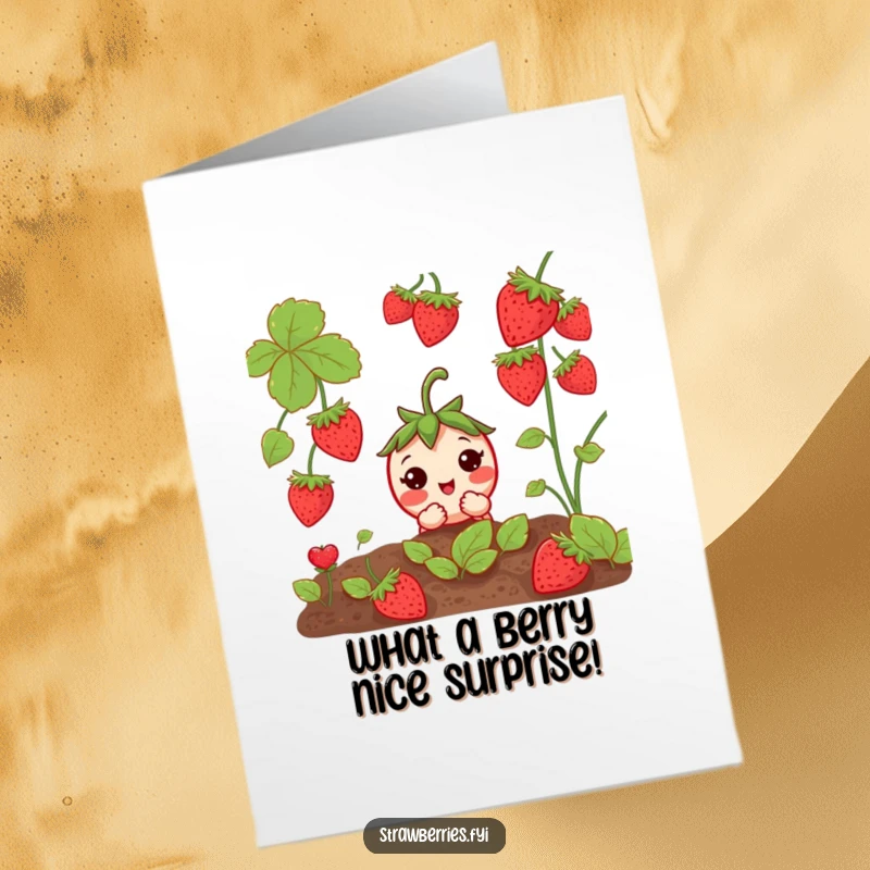 Funny Free Printable Congratulations Card: A curious anthropomorphic strawberry peeks from a garden, celebrating a wonderful new beginning.