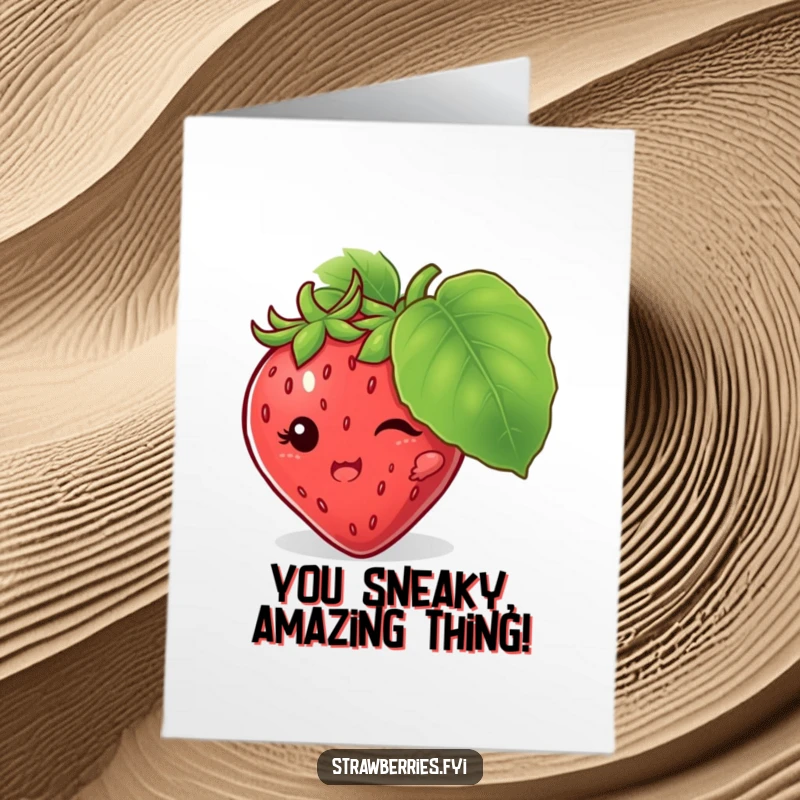 Funny Free Printable Congratulations Card with a mischievous strawberry character hiding behind a large leaf, playfully celebrating success, a perfect DIY gift.
