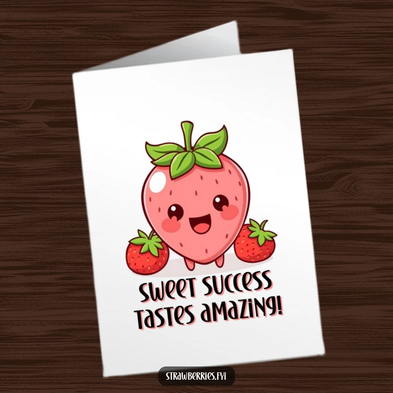 Funny Free Printable Congratulations Card showing a warm Kawaii strawberry character offering a small bite as a token of shared joy.