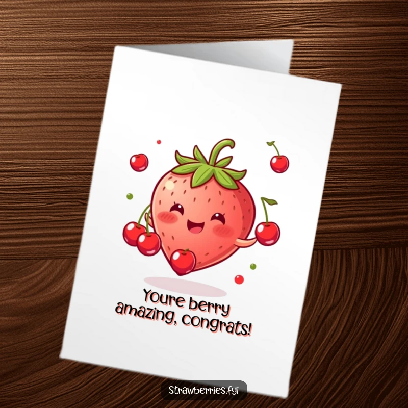 Funny free printable congratulations card: A joyful strawberry expertly juggling tiny cherries, celebrating a great achievement with style.