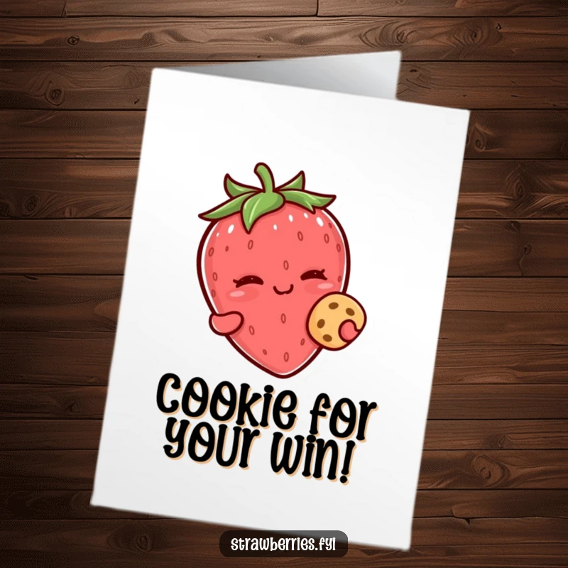 Funny Free Printable Congratulations Card: A kawaii strawberry character winking mischievously while holding a small, tempting cookie.