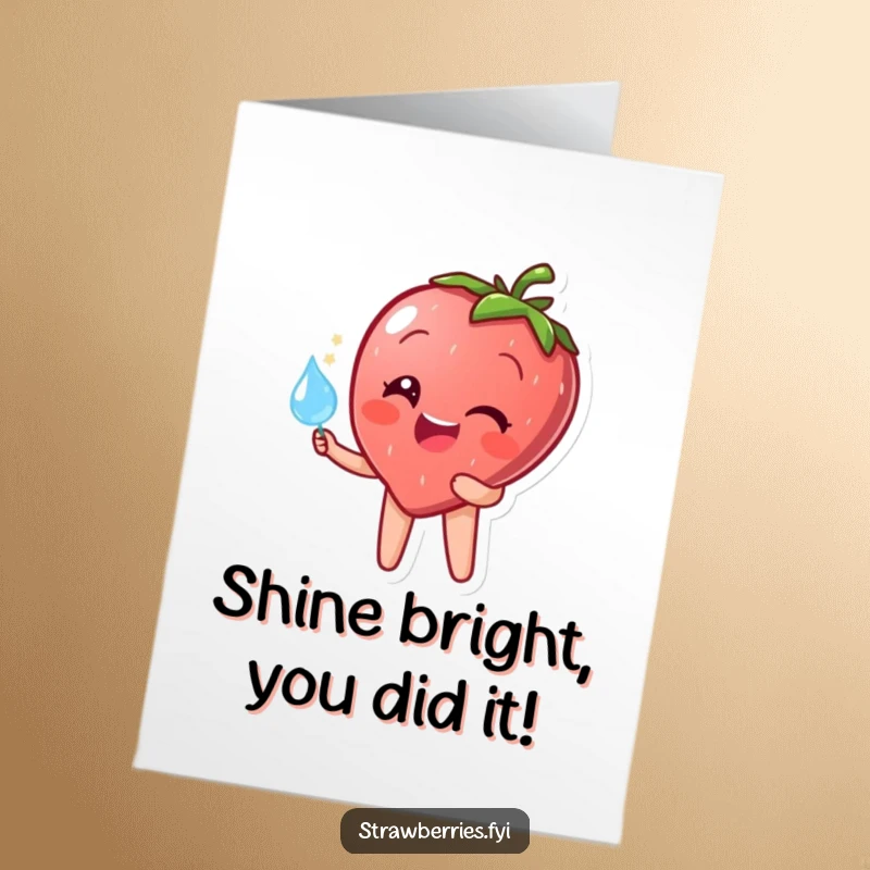 Funny Free Printable Congratulations Card: A happy strawberry character holding a large, glistening dewdrop, symbolizing joy and achievement.