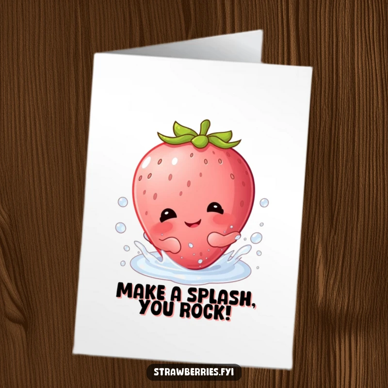 Funny Free Printable Congratulations Card featuring a delighted Kawaii strawberry character playfully splashing and giggling in a sparkling dewdrop.