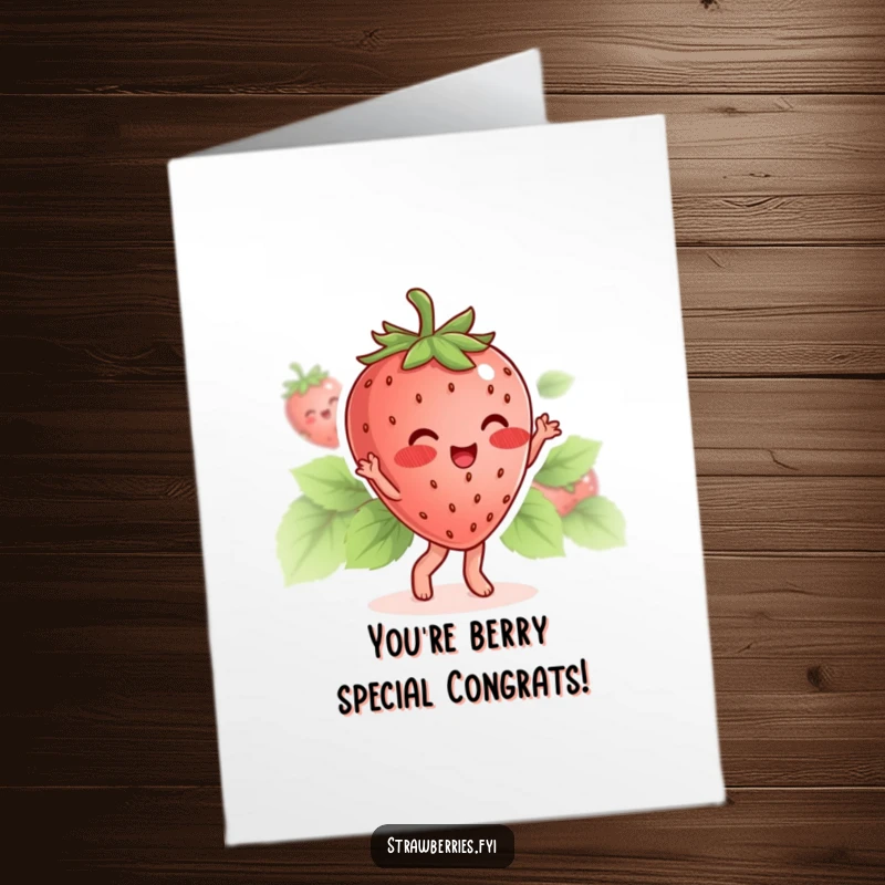 Funny Free Printable Congratulations Card showing a blushing strawberry character doing a happy little dance, radiating excitement.