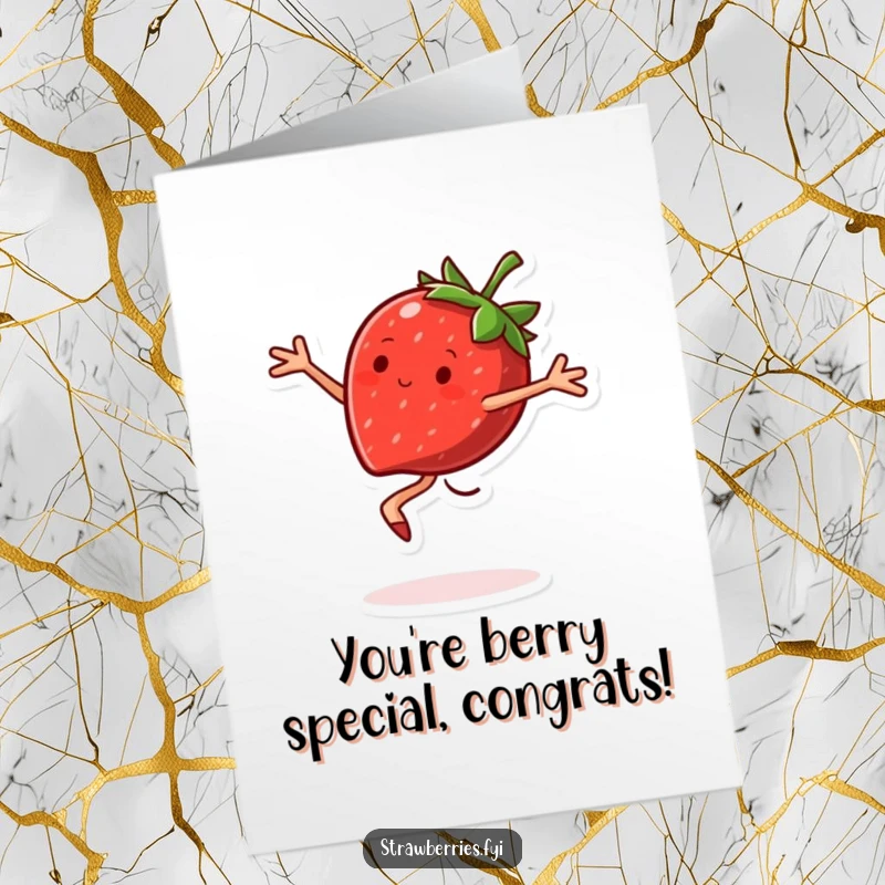 Free Printable Congratulations Card: A strawberry character doing a joyful pirouette, celebrating their achievement.