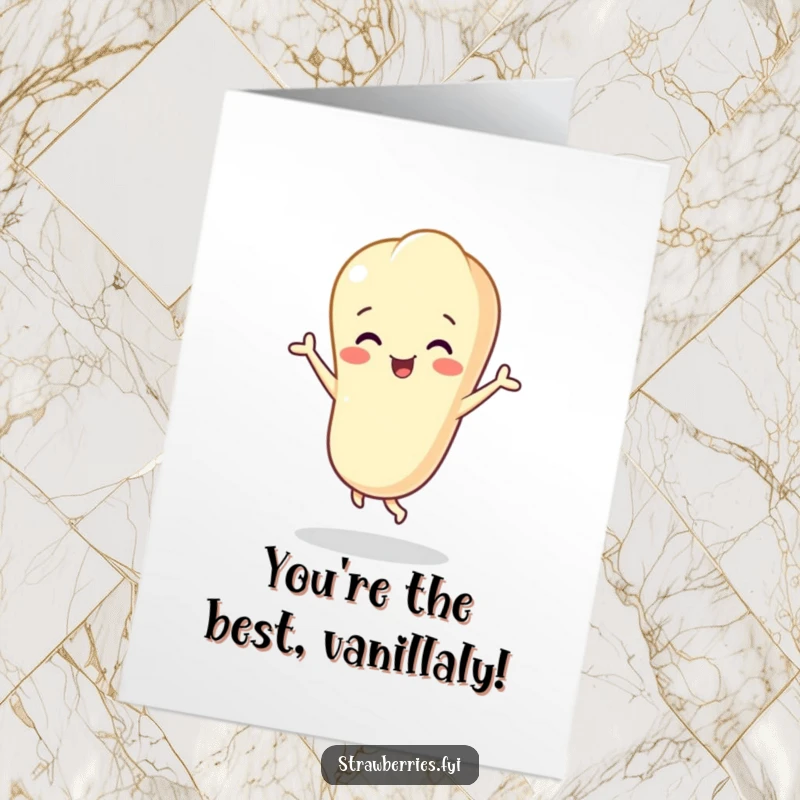 Funny Free Printable Congrats Card: Vanilla bean character dancing joyfully, celebrating a great achievement.