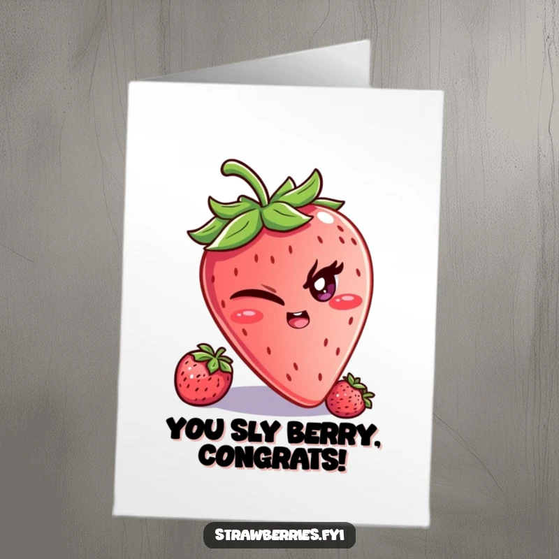 Funny Free Printable Congratulations Card: A strawberry character giving a wink, hinting at playful secrets and smart moves.