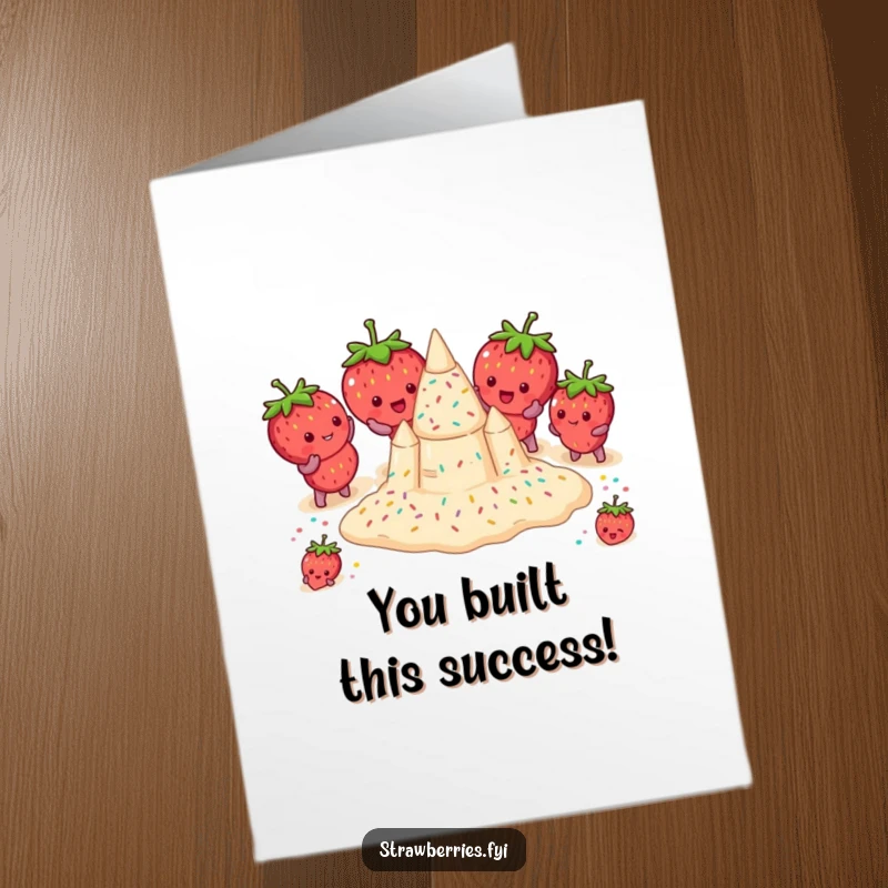Funny Free Printable Congratulations Card: Group of strawberries humorously attempting to build a sandcastle with sprinkles.