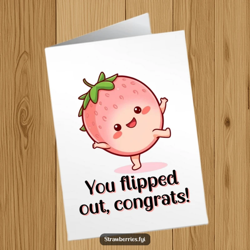 Funny Free Printable Congratulations Card: A kawaii strawberry performing a cartwheel with a happy face, celebrating wins humorously.