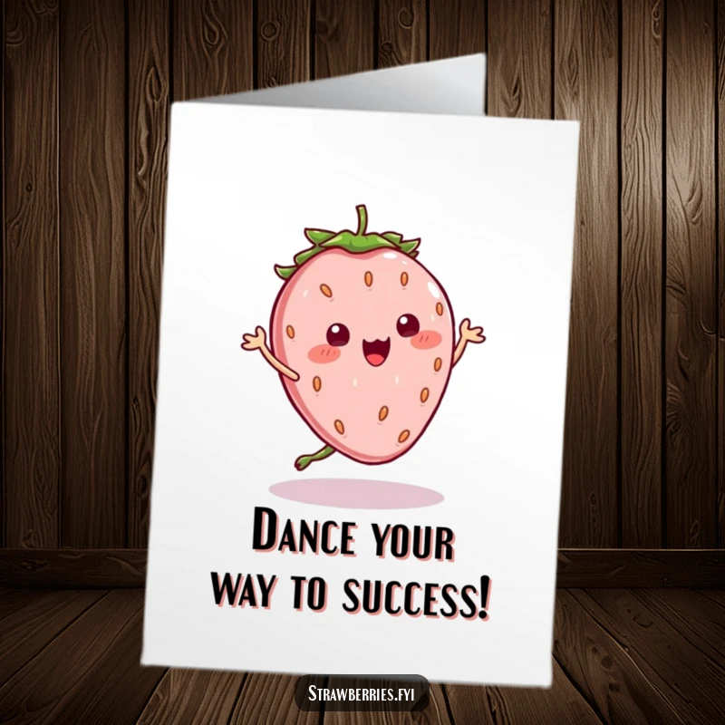 Funny Free Printable Congratulations Card: A kawaii strawberry in a silly dance pose with wobbly seeds, perfect for humor.