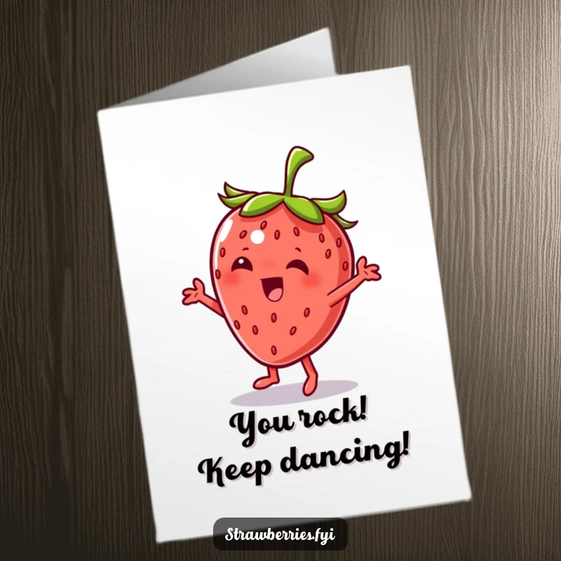Funny Free Printable Congratulations Card: A strawberry character dancing with a jaunty pose and a confident tilt.