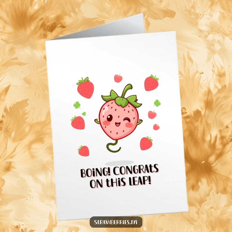 Excited Free Printable congratulations card showing a kawaii strawberry character mid-bounce on a springy stem, full of glee.