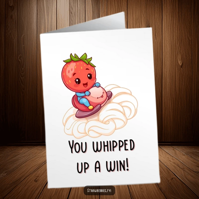 Funny free printable congratulations card: A happy strawberry zooms down a whipped cream ramp, symbolizing a fast-paced success.