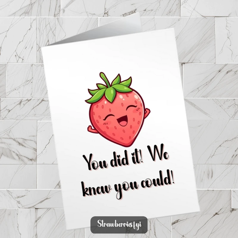 Free printable congratulations card showing a tickled strawberry character wiggling ecstatically with pure happiness and excitement.