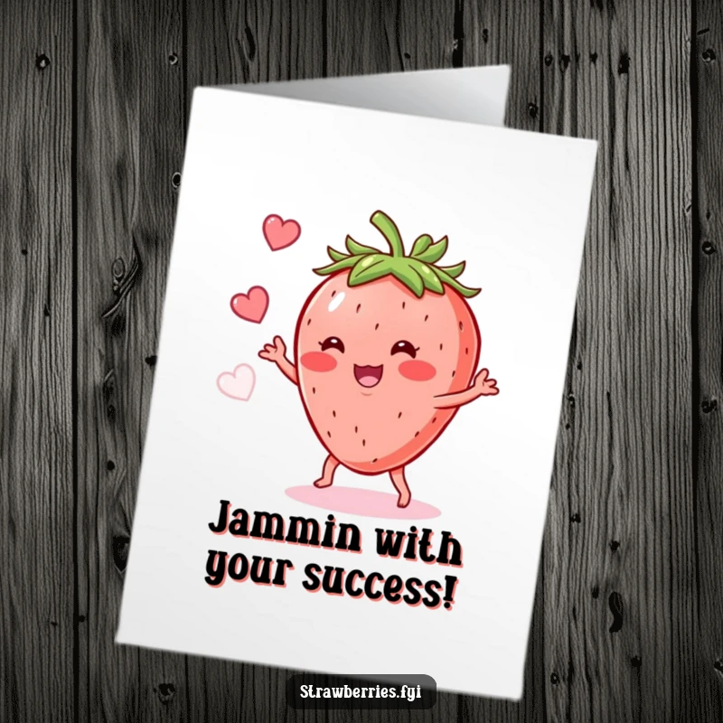 Funny Free Printable Congratulations Card: A happy anthropomorphic strawberry performs a delightful shimmy, celebrating a great accomplishment.