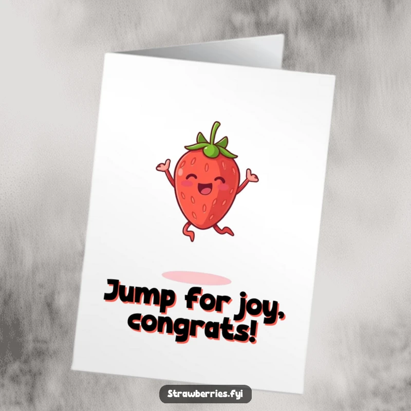 Funny Free Printable Congratulations Card showing a delighted anthropomorphic strawberry leaping with joy, perfect for celebrating success.