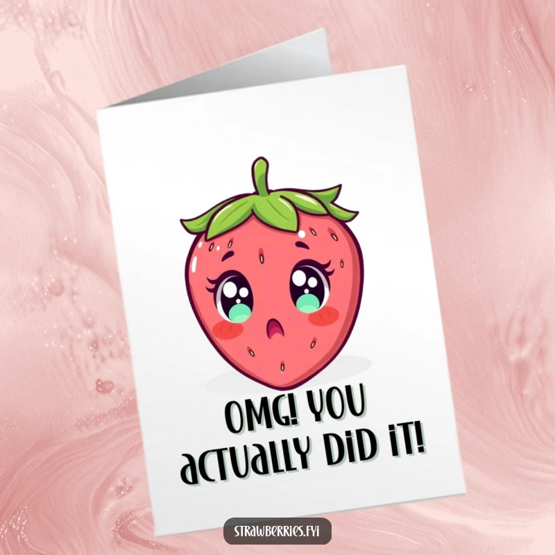 Funny free printable congratulations card: A strawberry with wide, shocked eyes comically tumbles backward, capturing surprise.