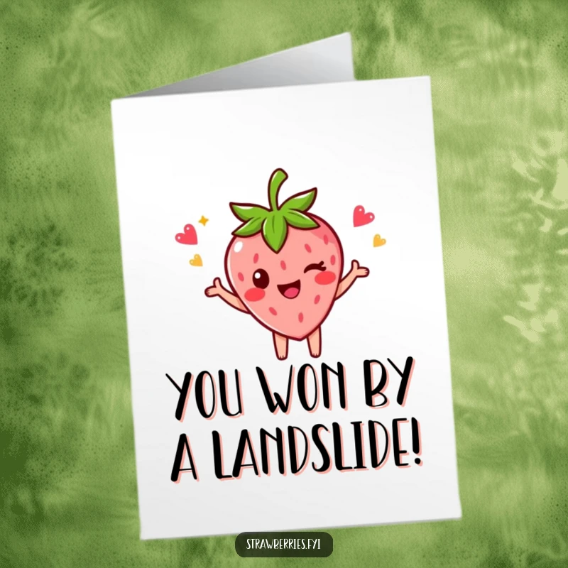 Funny free printable congratulations card showing a strawberry character in a confident celebratory pose with a playful wink.