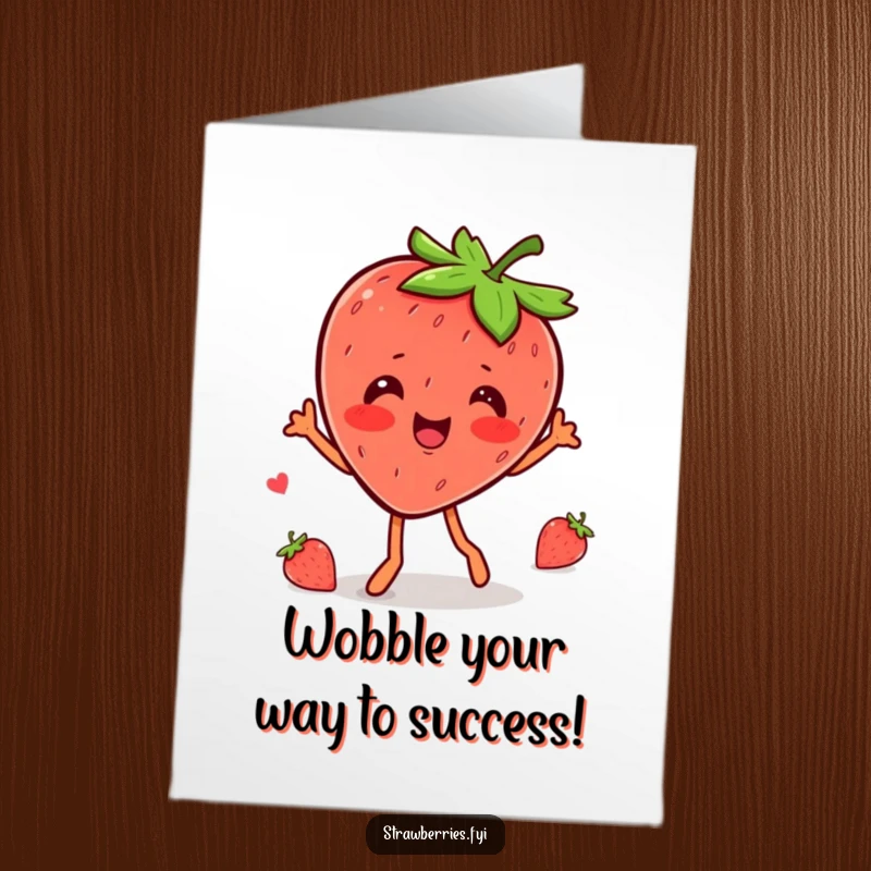 Funny Free Printable Congratulations Card: A kawaii strawberry character performing a happy and energetic wobble dance to celebrate.