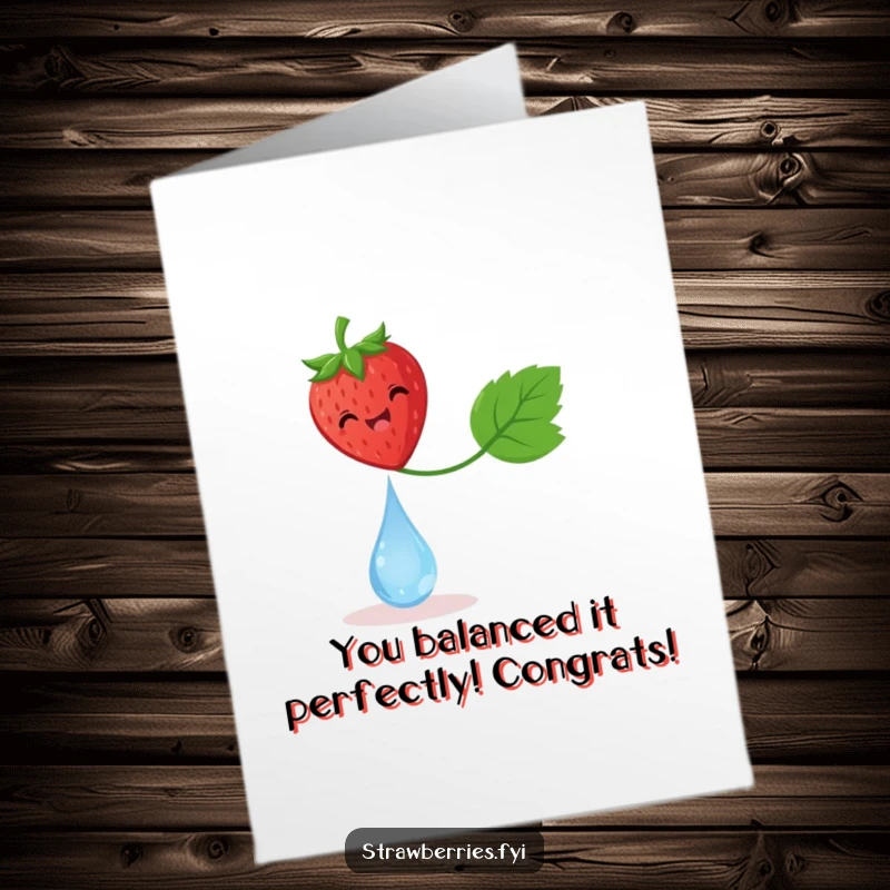 Funny free printable congratulations card: A strawberry beams with delight while maintaining perfect balance atop a tiny dewdrop.