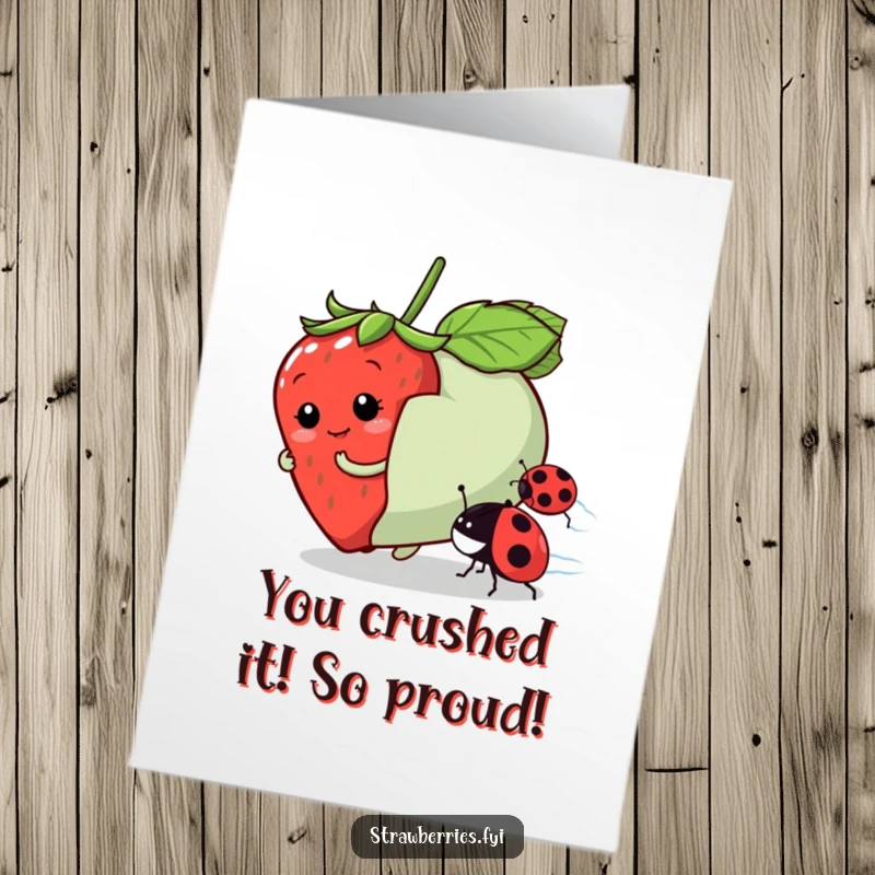 Funny Free Printable Congratulations Card featuring a strawberry character winning a playful race against a ladybug, a perfect DIY gift.
