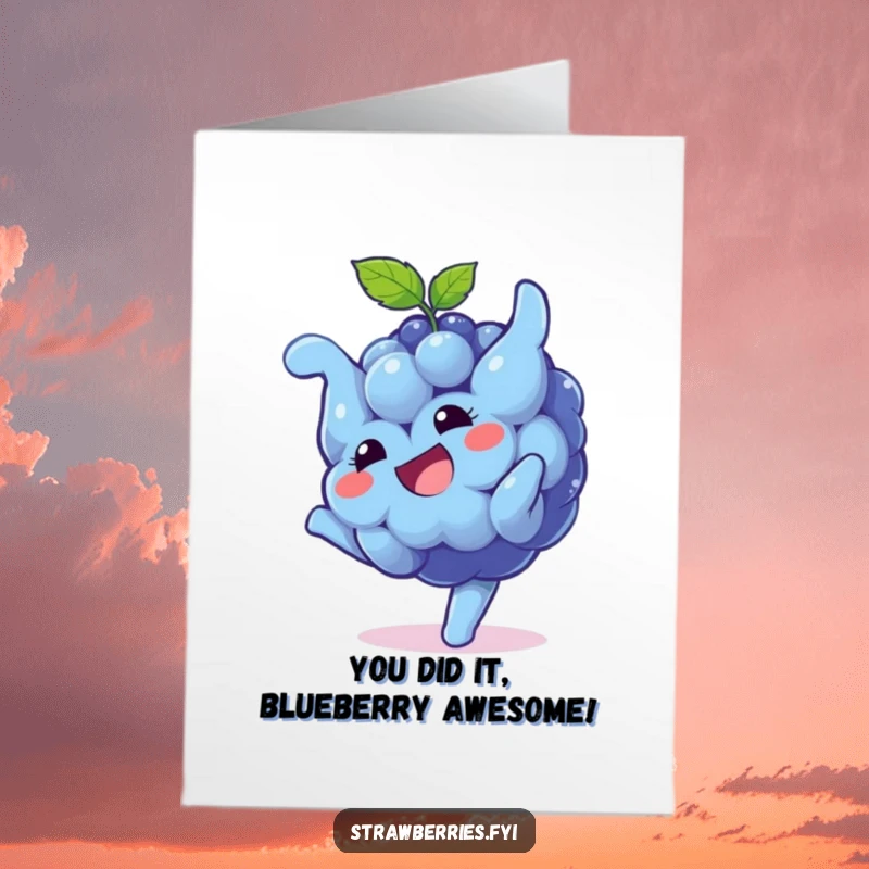 Funny Free Printable Congratulations Card: A playful blueberry character doing a somersault with a grin to celebrate an achievement.