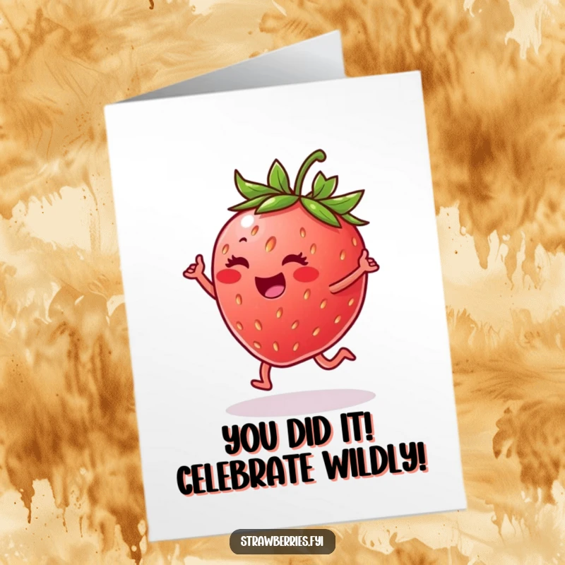 Funny free printable congratulations card: A strawberry joyfully dancing on a leaf, celebrating a fantastic achievement with pure happiness.