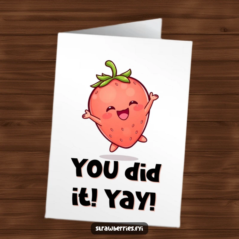 Funny Free Printable Congratulations Card showcasing an ecstatic Kawaii strawberry character mid-leap, radiating success.