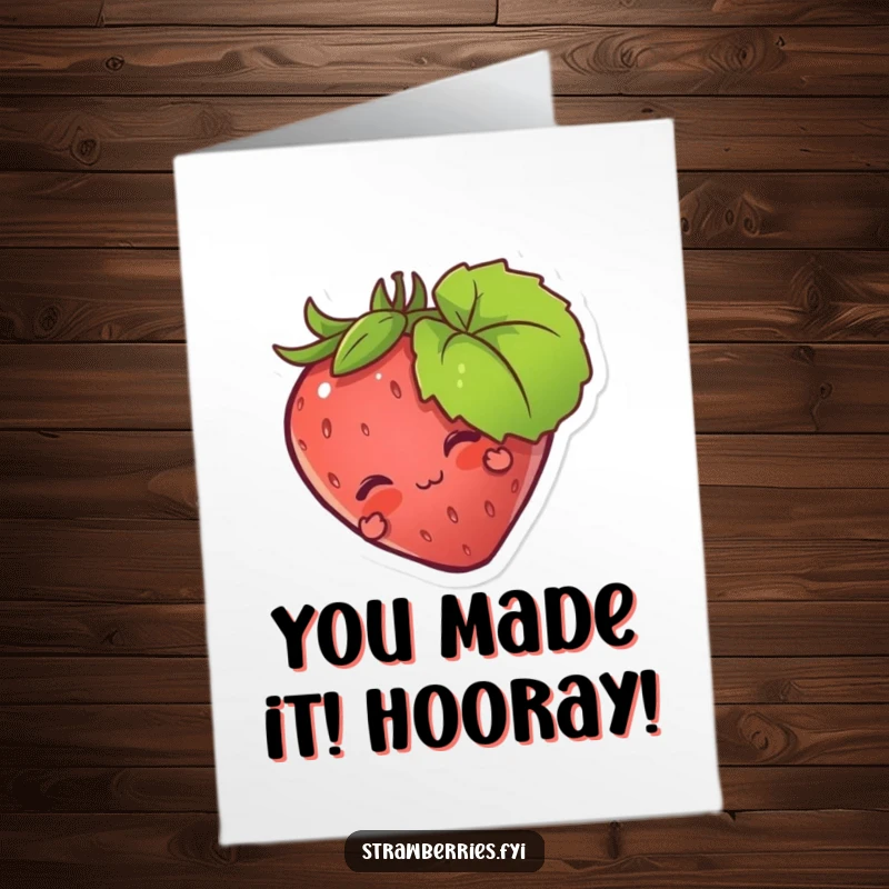 Funny Free Printable Congratulations Card: A strawberry character hiding shyly behind a leaf, peeking out with a playful grin.