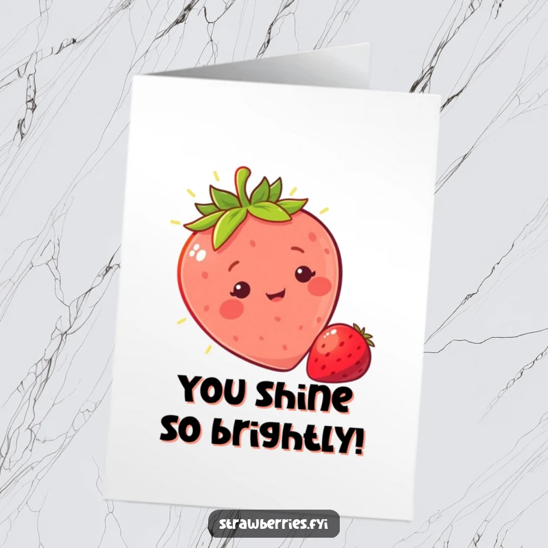 Free Printable Congratulations Card: A sunny strawberry character basking in a warm light ray, radiating success.