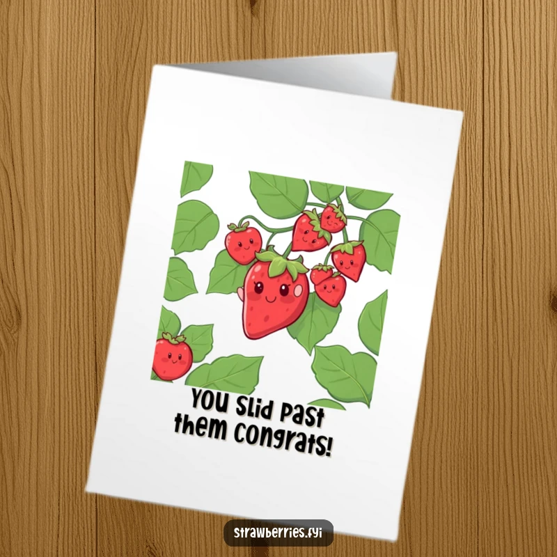 Funny Free Printable Congratulations Card showing a cheerful strawberry character having a wild slide down a giant leafy vine.