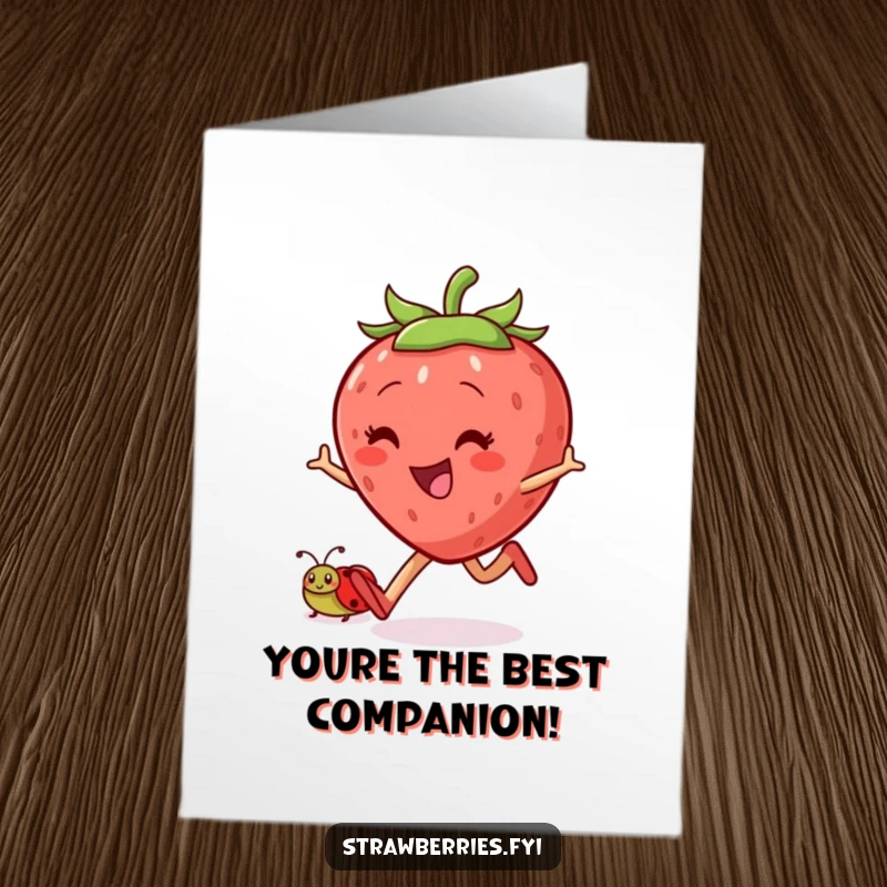 Free Printable Congratulations Card: A jovial strawberry character skipping with a ladybug companion, celebrating a happy occasion.