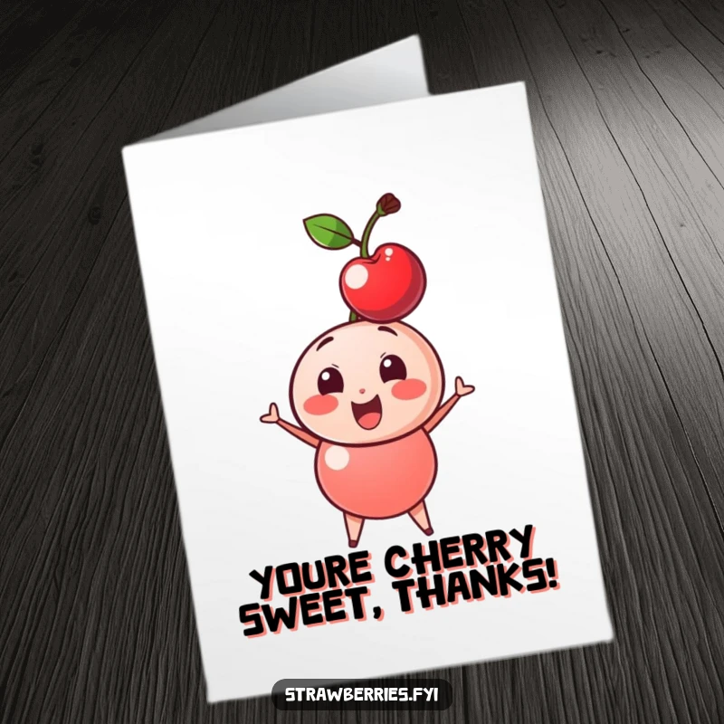 Funny Free Printable Thank You Card: A cute cherry character with a cheerful expression, gently bobbling its head.