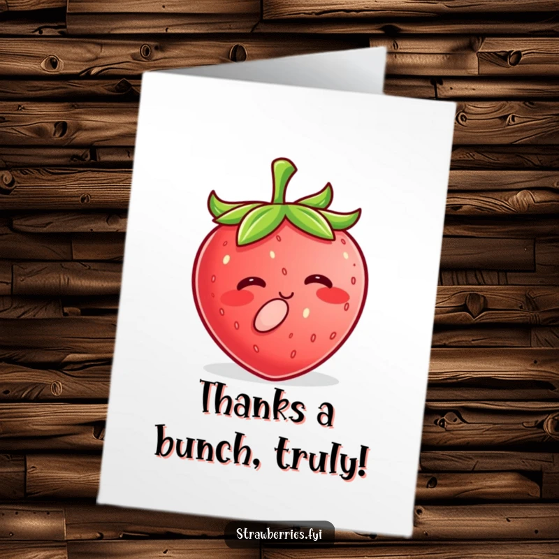Funny free printable thank you card featuring a charming Kawaii strawberry character sending a little sweet kiss. A lovely downloadable gift.