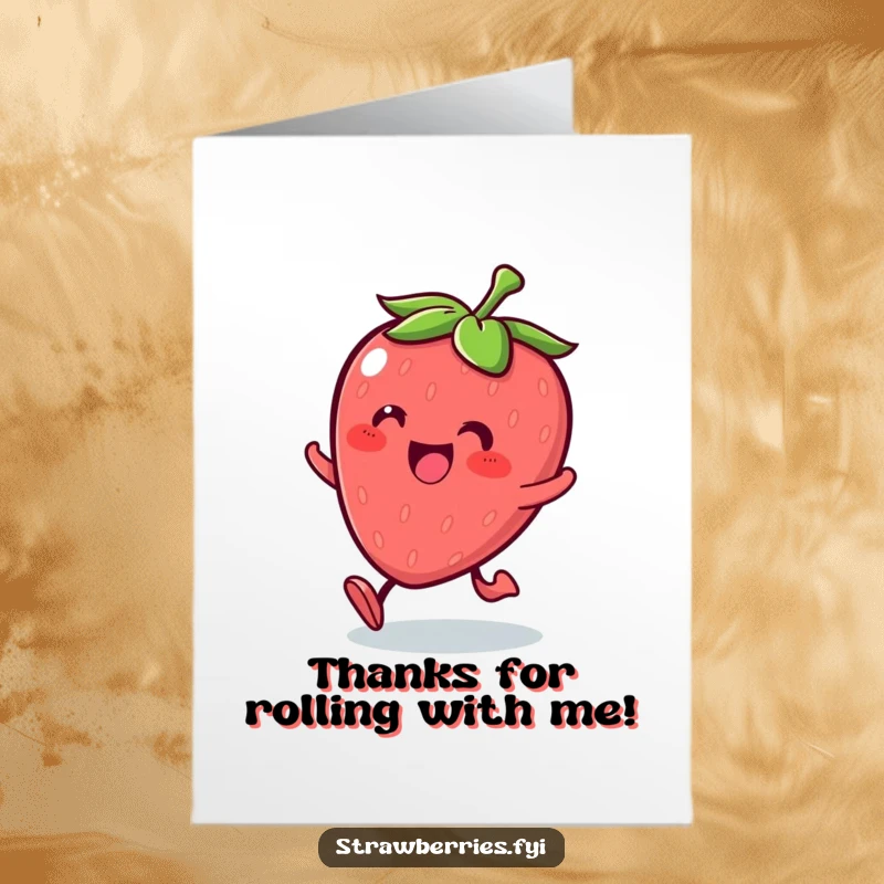 Funny Free Printable Kawaii strawberry character rolling with glee, perfect for a whimsical and appreciative thank you note.