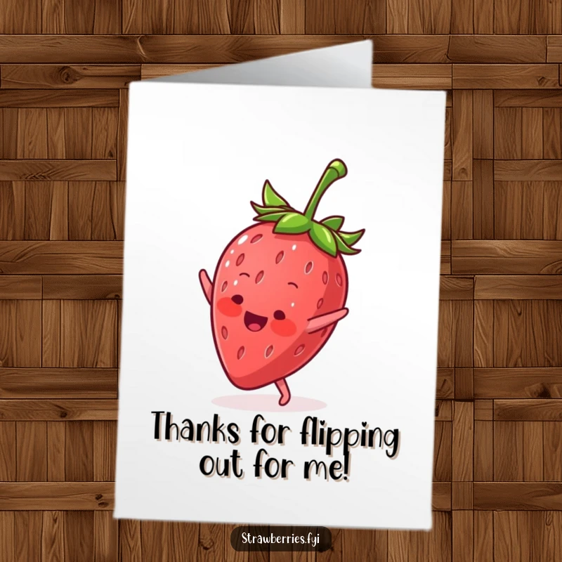 Funny Free Printable Thank You Card featuring a joyful anthropomorphic strawberry doing a cartwheel, conveying thanks with a playful twist.