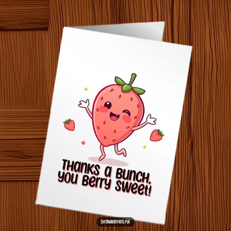 Funny Free Printable Thank You Card: a dancing anthropomorphic strawberry expressing gratitude with pure delight and humor.
