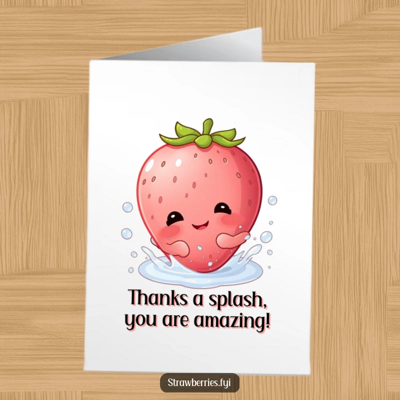 Funny Free Printable Thank You Card showing a happy Kawaii strawberry character giggling while splashing playfully in a pristine dewdrop.