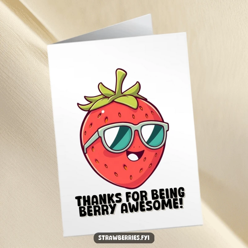 Funny Free Printable Thank You Card: A strawberry character in tiny sunglasses, captured mid-giggle, expressing thanks.