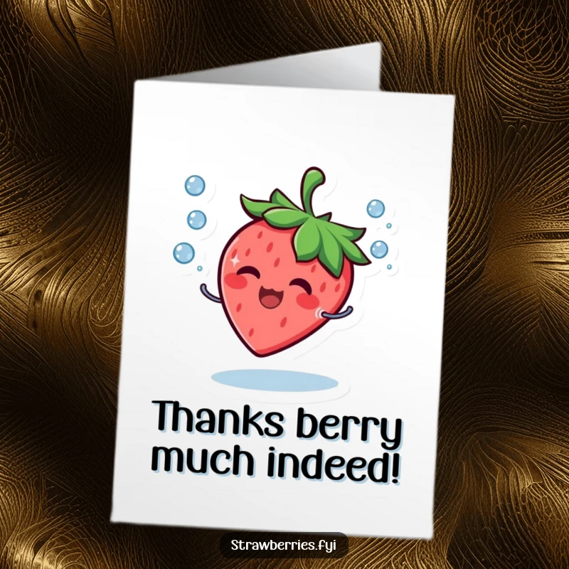 Funny Free Printable Thank You Card: Giggling strawberry character juggles water droplets while smiling gratefully.