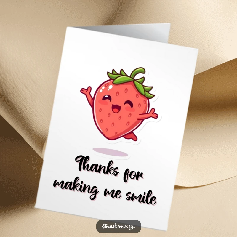 Funny Free Printable Thank You Card: A kawaii strawberry doing a happy leap, perfect for expressing thanks humorously.
