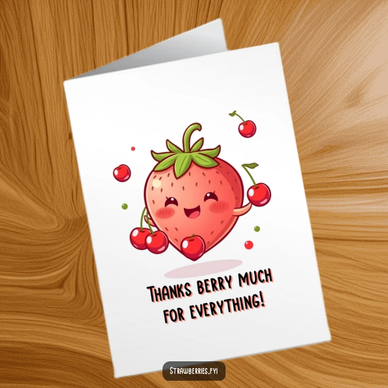 Funny free printable thank you card: A happy strawberry juggling cherries, conveying sincere thanks with a comical twist.
