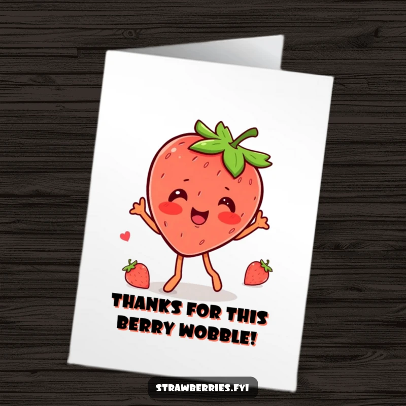 Funny Free Printable Thank You Card: A kawaii strawberry character doing a cheerful wobble dance to express sincere thanks.
