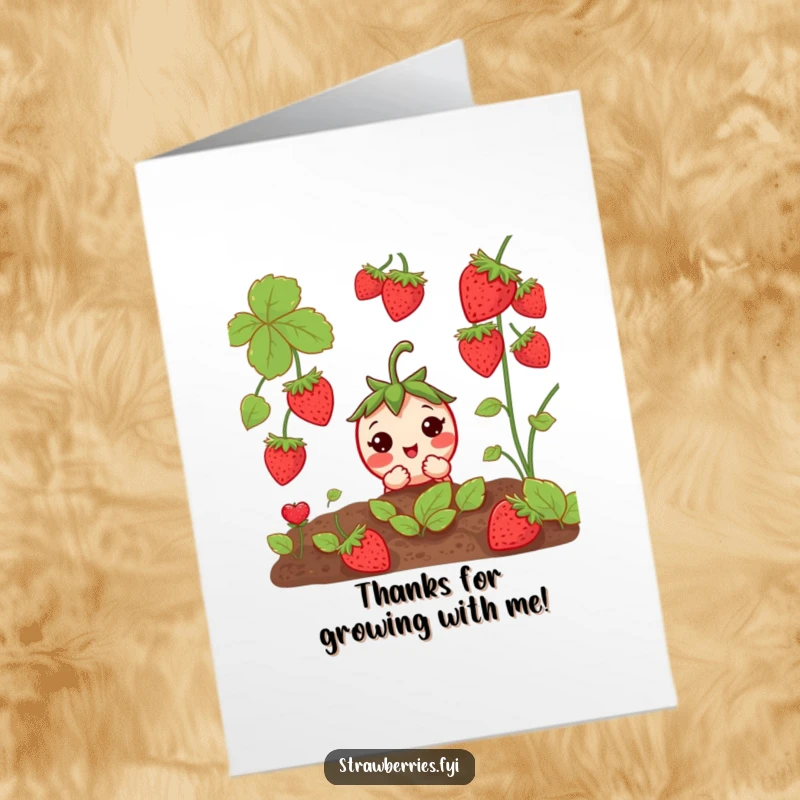 Funny Free Printable Thank You Card: A curious anthropomorphic strawberry peeks from the garden, offering a sweet thank you.