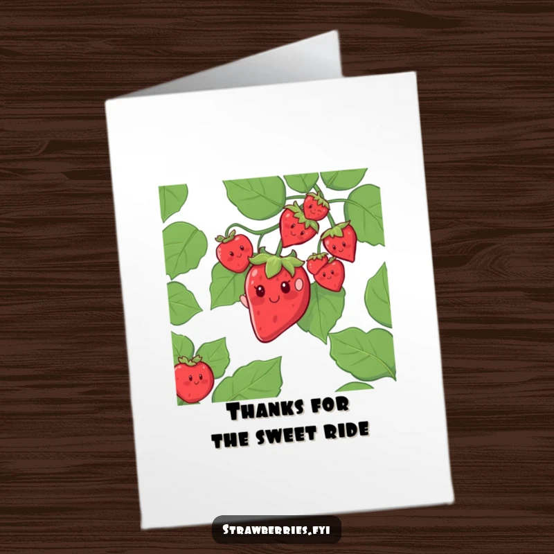 Funny Free Printable Thank You Card with a cheerful strawberry character sliding down a giant leafy vine, conveying thanks.